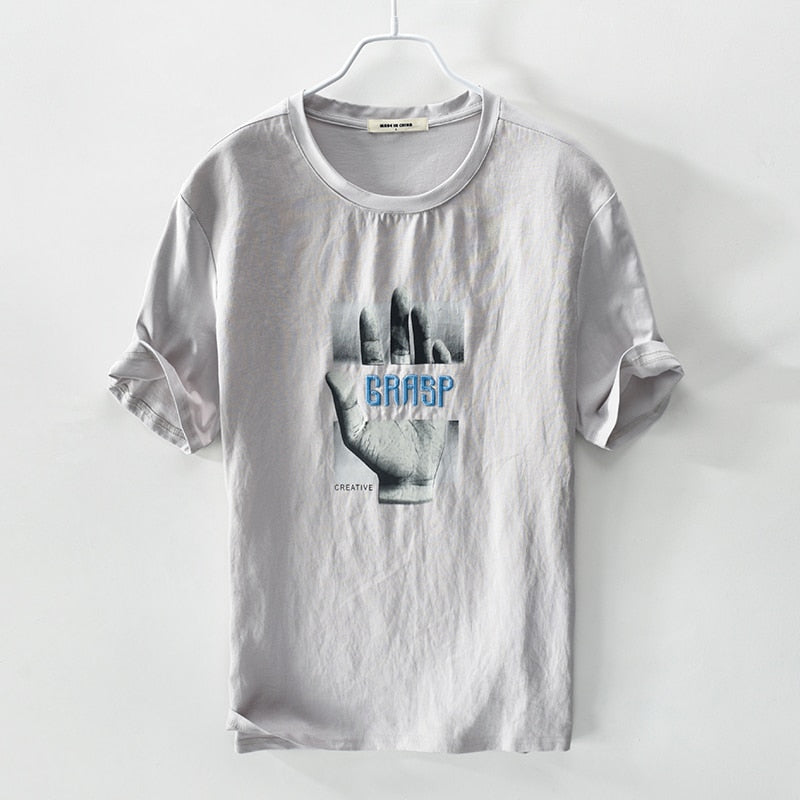 Italy brand linen short sleeve t-shirt men casual loose t shirt mens cartoon embroidery stitching round neck tshirt male camisa