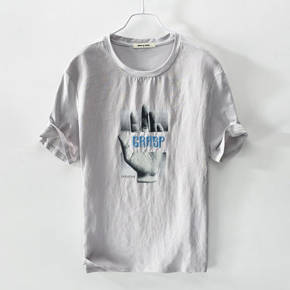 Italy brand linen short sleeve t-shirt men casual loose t shirt mens cartoon embroidery stitching round neck tshirt male camisa