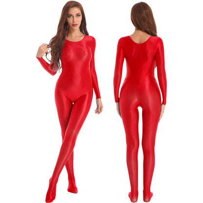 Womens Glossy Bodystocking Smooth Long Sleeve Oil Shiny Full Body Bodysuit Tights Swimsuit Fitness GYM Pole Dance Clubwear