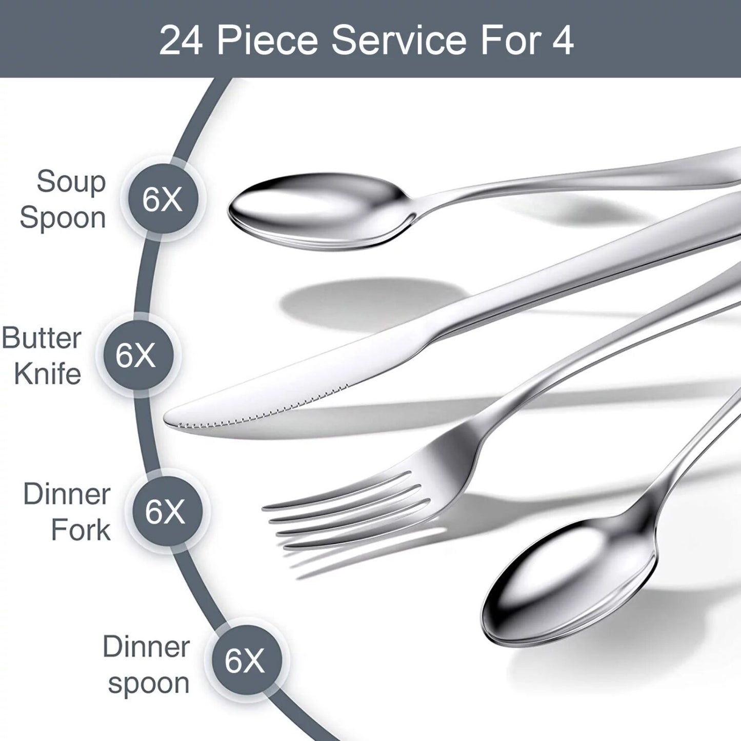 24 Piece Silverware Flatware Cutlery Set, Stainless Steel Utensils  , Include Knife Fork Spoon, Mirror Polished,  dinnerware set