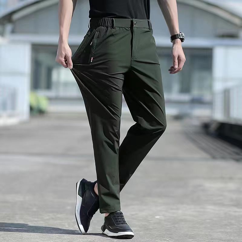 Large Size Men&#39;s Summer Pants Big Size Ice Silk Stretch Breathable Straight Leg Pants 6XL Quick Dry Elastic Band Black Trousers