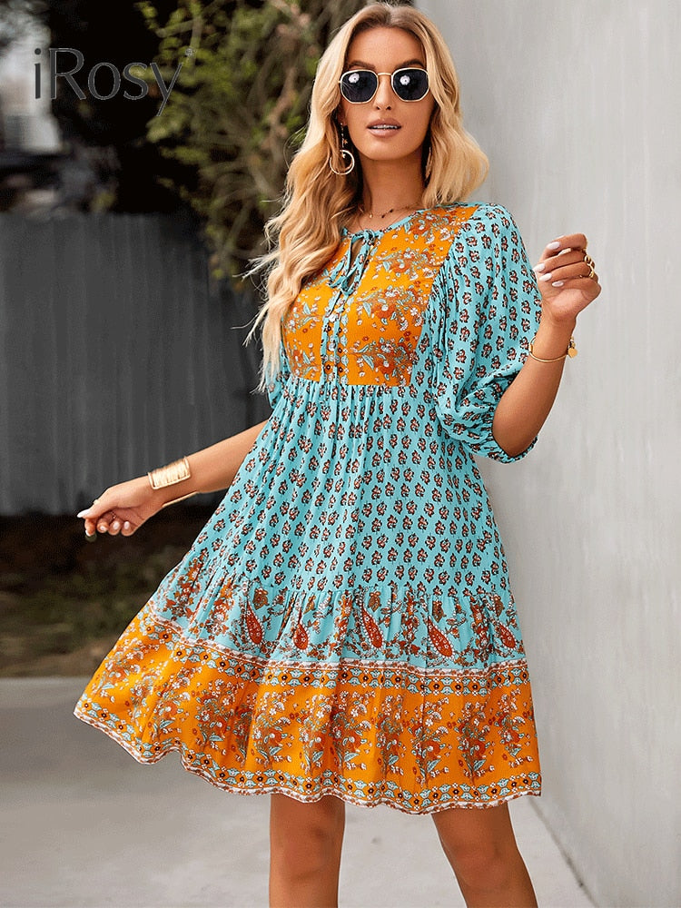 Elegant and Chic Fixed Pattern Design Short Lanten Sleeve Bohemian Dress for Women Summer Vacation Home Viscose Dresses Clothing