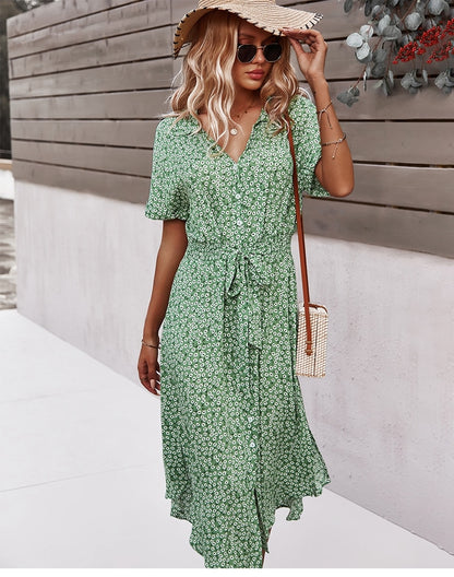 2022 Women Floral Dress Summer Casual Short Sleeve Button Holiday Midi Dresses Female V-Neck Beach Boho Chic Dress Elegant Robe