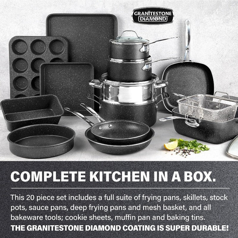 Granitestone Pots and Pans Set 20 Piece Complete Cookware + Bakeware Set with Ultra Nonstick 100% PFOA Free–Includes Frying Pans