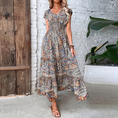 2023 Vintage Print Long Dress Women Summer V Neck Sexy Short Sleeve Elegant Elastic Waist A-line Maxi Dresses For Women