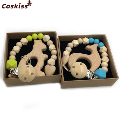 2pc Baby Teether Organic Wooden Animal Teether Natural Teething Grasping Toy Silicone Bead Toddler Teether Newborn DIY Baby Gift