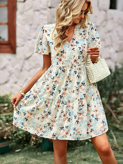 Msfilia Fashion Floral Dress Women Spring Autumn V Neck Short Sleeve Loose Chic Printed Dresses