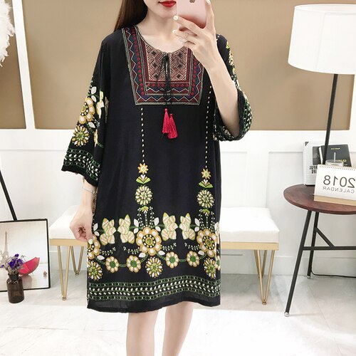 Women's Clothing Women Indian Dress Ready Stock Summer Vintage Causal Korean Style Beach Embroidery Tassel Floral Print Vestidos