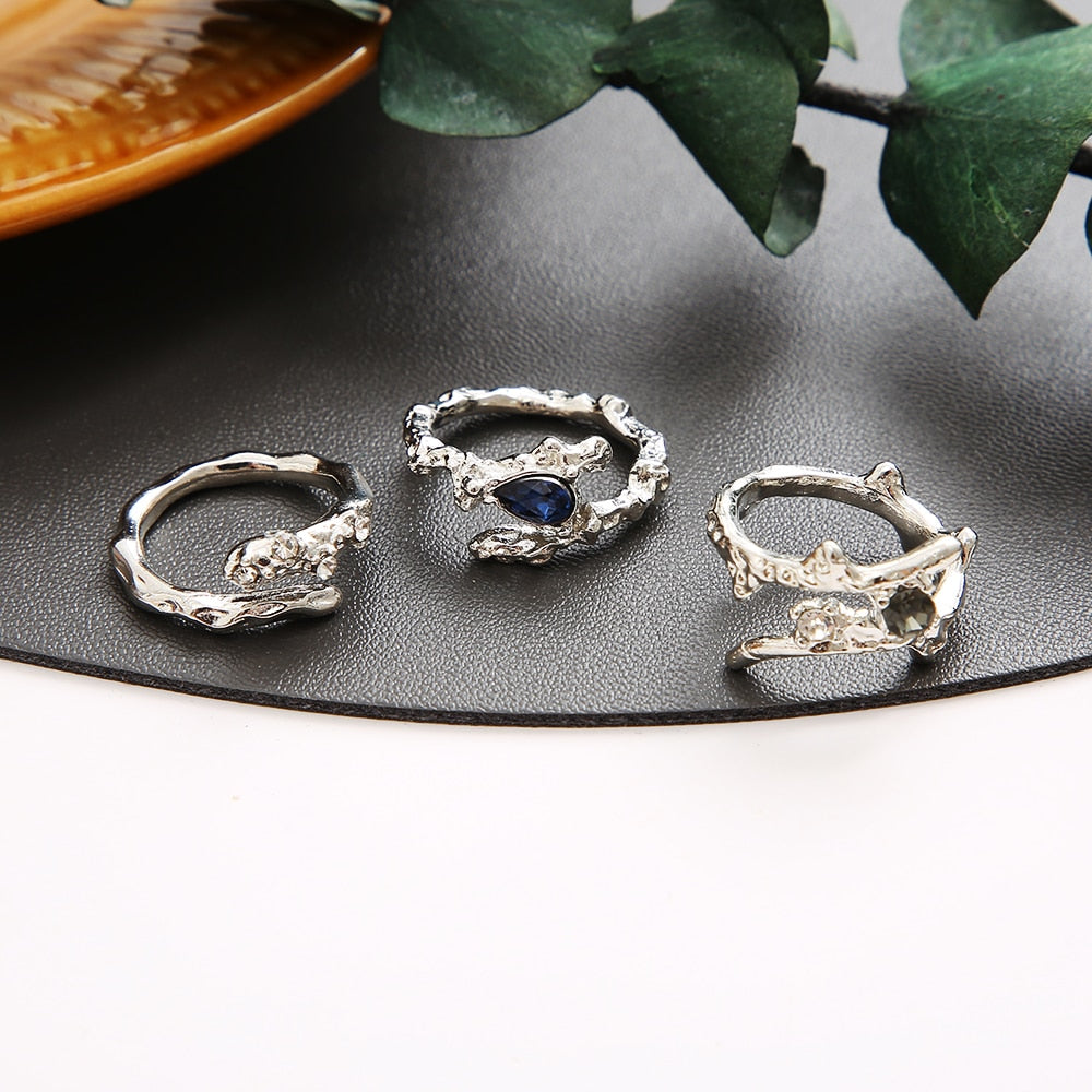 Kpop Retro Gothic Silver Color Heart Metal Ring For Women Girls Vintage Y2k Crystal Open Rings Punk Geometry Rings Party Jewelry