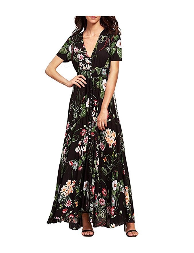 Casual Vacation Bohemian Half Short Sleeve Dress Vintage V-Neck Loose Long Printed Dress Elegant 5XL Pleasure Dress Women 19138