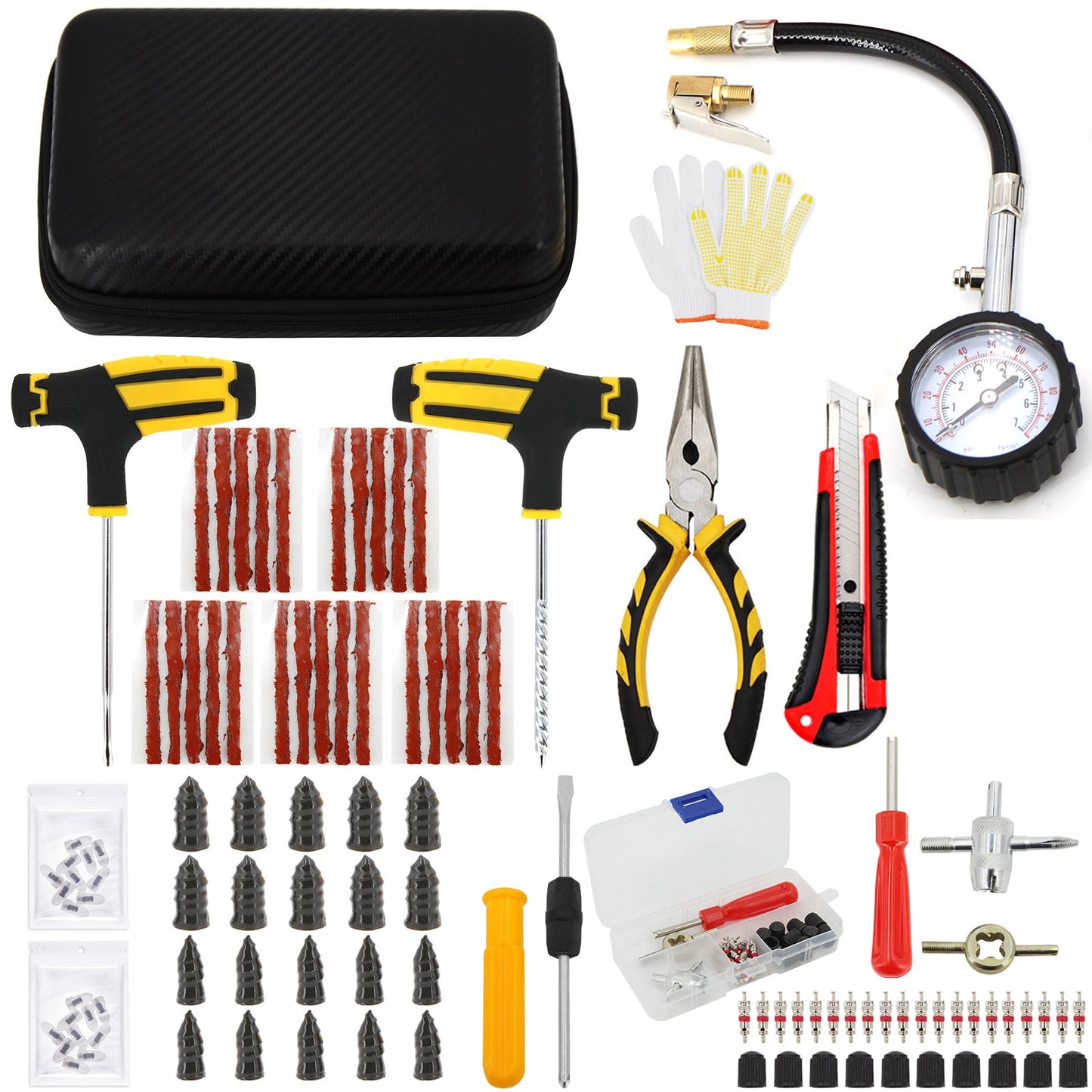 Car Tire Repair Tool Kit Studding Set Auto Bike Puncture Plug Garage Needle Nose Pliers Vacuum Film Nail Screws W/ Storage Case