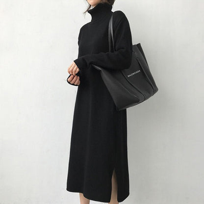 Turtleneck Winter Womens Dress 2021 Fall Sweater Women Dress Long Sleeve Knitted Dresses Maxi Vintage Oversize Dresses Knitting