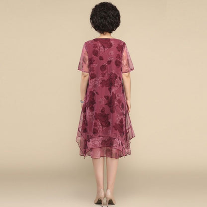 2023 O-Neck Short Sleeve Dresses Vintage Floral Printed Summer Gauze Spliced Women&#39;s Clothing Stylish Irregular Loose Midi Dress