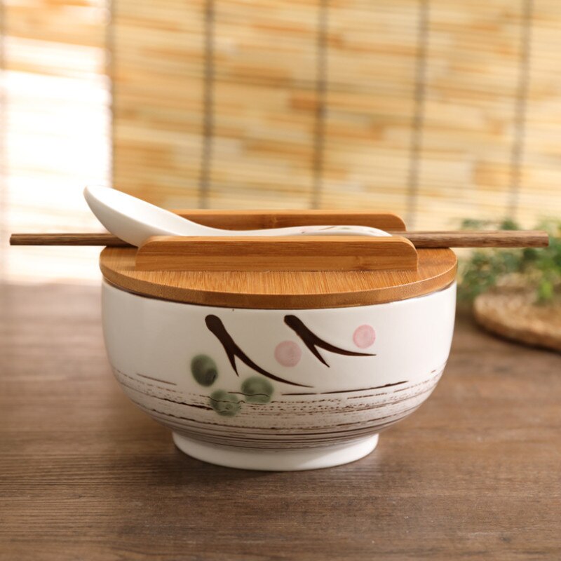 pottery bowls with lids, spoons and chopsticks, rice bowls of noodles and rice, soups, salads, tableware and food containers.