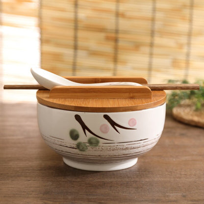 pottery bowls with lids, spoons and chopsticks, rice bowls of noodles and rice, soups, salads, tableware and food containers.