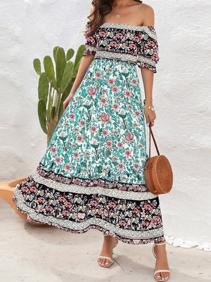 Boho Floral Print Long Dress Women Summer Beach Sundress Short Sleeve Square Neck Ruffle Pleated Dress Bohemian Casual Dresses