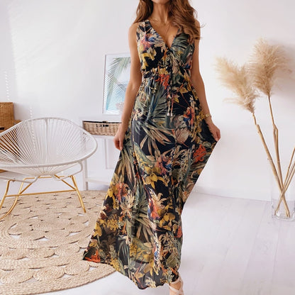 Women Deep V Neck Print Maxi Dress Vintage Boho Lace-Up Backless A-Line Long Dresses Sexy Sleeveless Beach Party Dress Vestidos