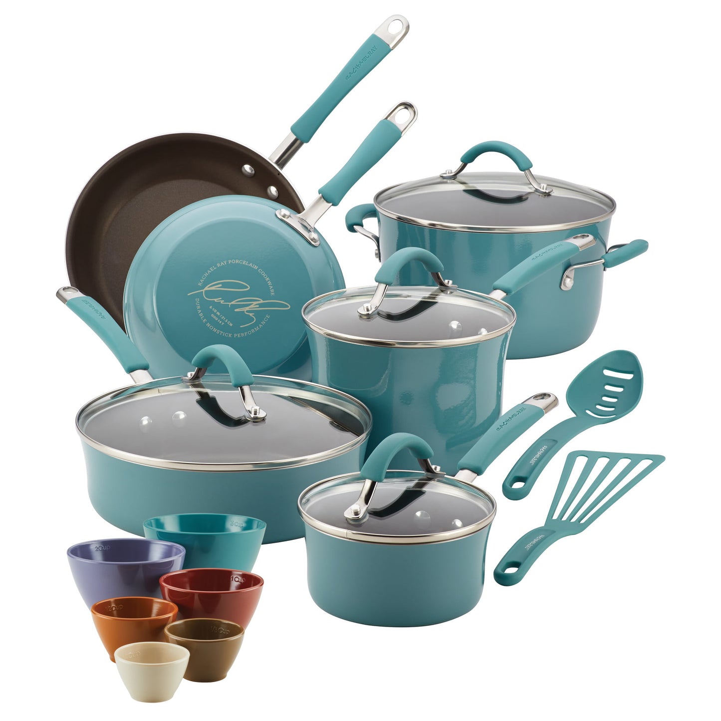 Rachael Ray Cucina Hard Enamel Nonstick Cookware and Prep Bowl Set, 18-Piece, Blue