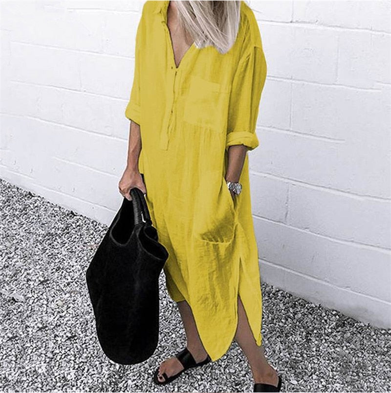 Women&#39;s Cotton Linen Shirt Dresses Loose Long Sleeve Turn-Down Collar Pullover Solid Dresse Casual Holiday Beach Party Sundress