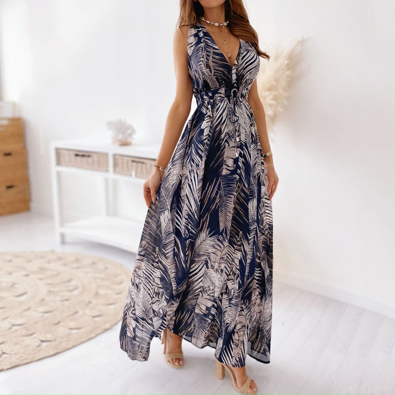 Women Deep V Neck Print Maxi Dress Vintage Boho Lace-Up Backless A-Line Long Dresses Sexy Sleeveless Beach Party Dress Vestidos