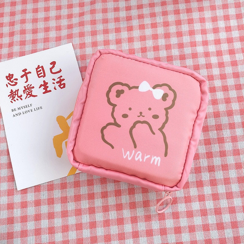 Women Girls Kawaii Cosmetic Makeup Tampon Bear Napkin Pouch Storage Bag Coin Purse Sanitary Pads Bag Mini Data Cables Organizer