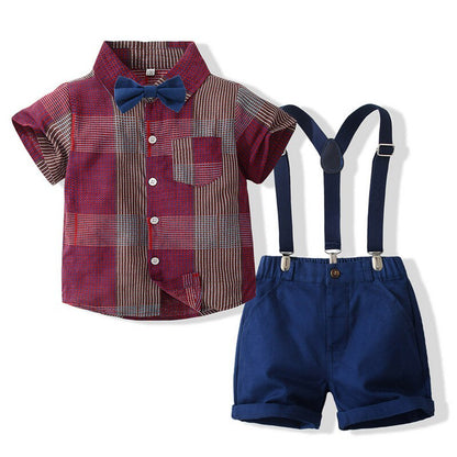 Summer Baby Boys Party Dress Suit Cotton Short Sleeve With Shirt + Belt Shorts 2PCS Outfits Kids Boys Gentleman Clothes Sets