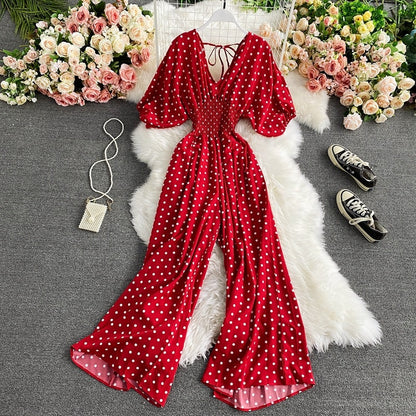 F V Neck Sexy Dolman Sleeves Waist Slim Polka Dot Print Jumpsuit Women Wide Leg Trousers Jumpsuit