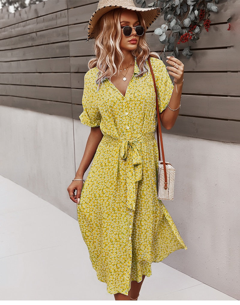 2022 Women Floral Dress Summer Casual Short Sleeve Button Holiday Midi Dresses Female V-Neck Beach Boho Chic Dress Elegant Robe