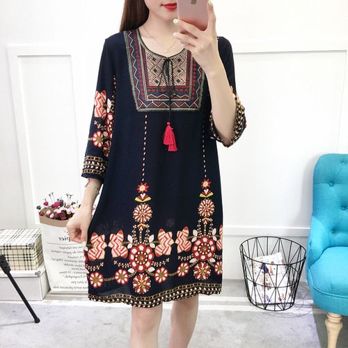 Women's Clothing Women Indian Dress Ready Stock Summer Vintage Causal Korean Style Beach Embroidery Tassel Floral Print Vestidos