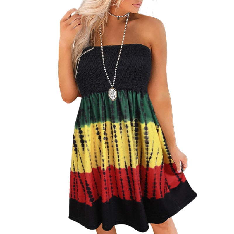 Color Block Tie Dye Smocked Bandeau Dress Women Sexy Summer Comfort Swing Beach Strapless Tube Mini Dresses 2023 Casual