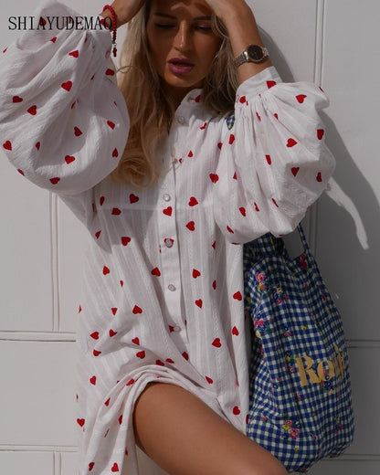 Summer Dresses for Women 2023 Heart Print Fashion Lantern Sleeve Dresses Elegant Loose Vintage One Piece Female Clothing Robe