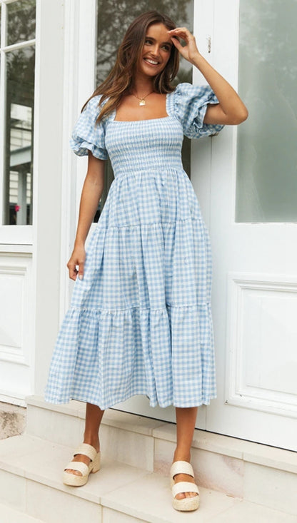 Women Spring Summer Style Dress Lady Casual Short Lantern Sleeve Square Collar Plaid Printed Dress SS3889