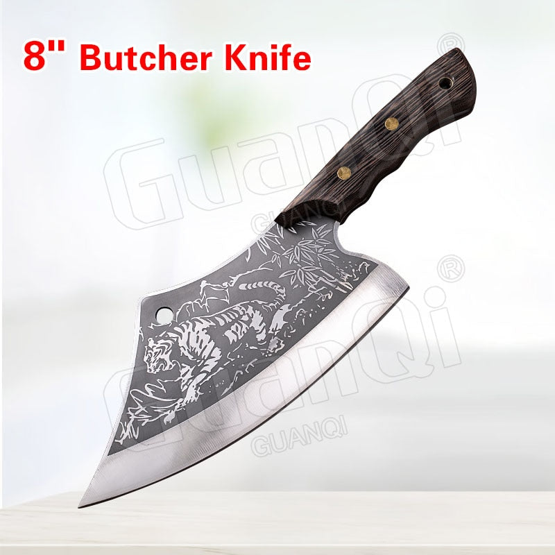 Handmade Forged Stainless Steel Kitchen Knife Cleaver Chinese Butcher Boning Knife Pig Beef Cutting Knife with Knife Wood Handle