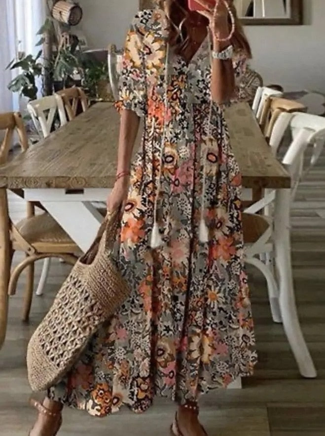 2023 Bohemian Long Dress Women Summer Vintage Floral Print V Neck Half Sleeve Dresses Female Casual Drawstring Loose Beach Dress