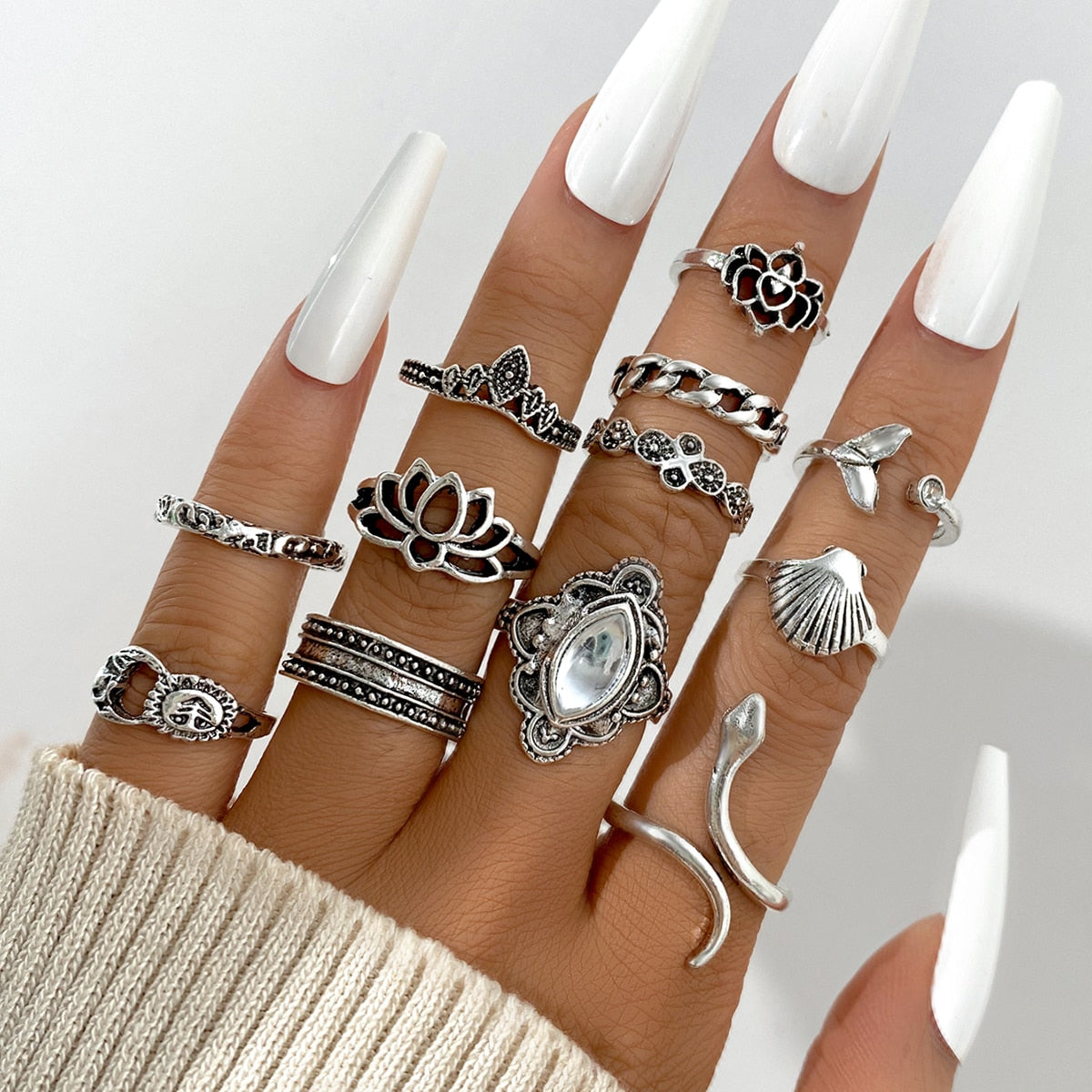 Vintage Hollow Heart Butterfly Rings Set For Women Metal Silver Color Geometric Spiral Shape Ring 22pcs Set 2023 Trendy Jewelry