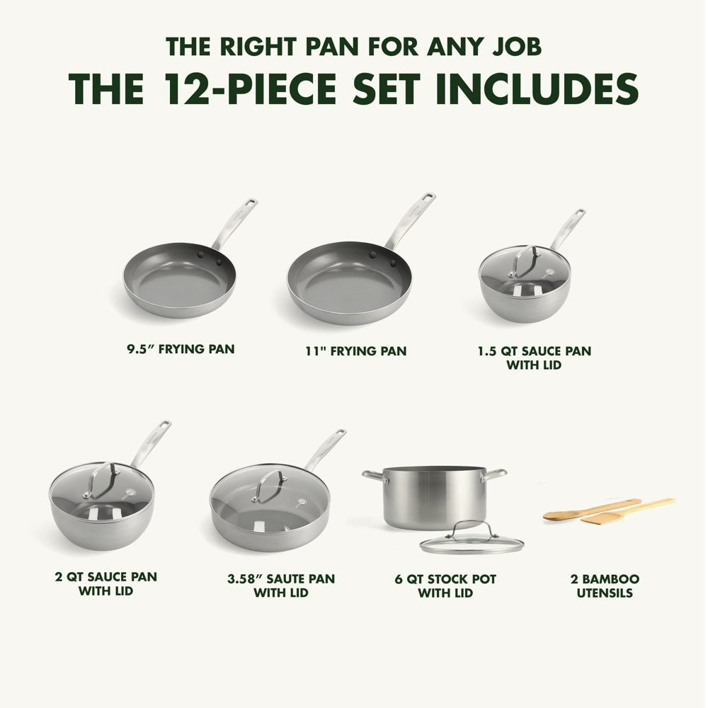 -Ply Stainless Steel Healthy Ceramic Nonstick Induction Suitable, Cookware Pots and Pans, 12 Piece, Silver