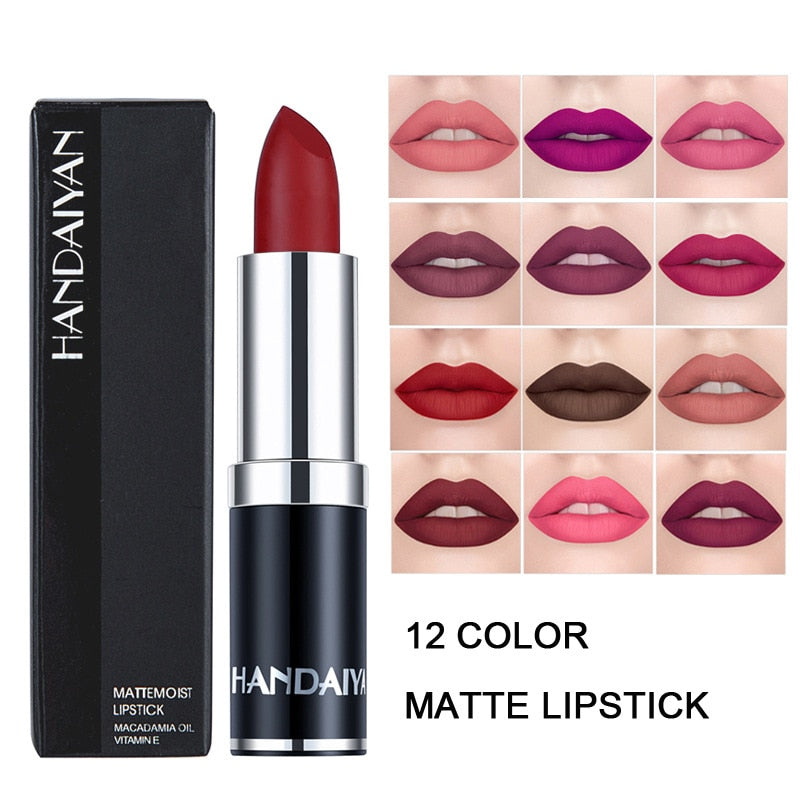 Handaiyan Sexy Nude Red Brown Purple Lipgloss Matte Lip Gloss Velvety Lipstick Matte Waterproof Makeup Long Lasting Cosmetic