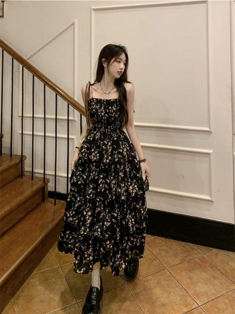 Deeptown Y2k Korean Style One Piece Floral Dress Women Vintage Elegant Layered High Waist Black Long Slip Fairy Dresses Summer