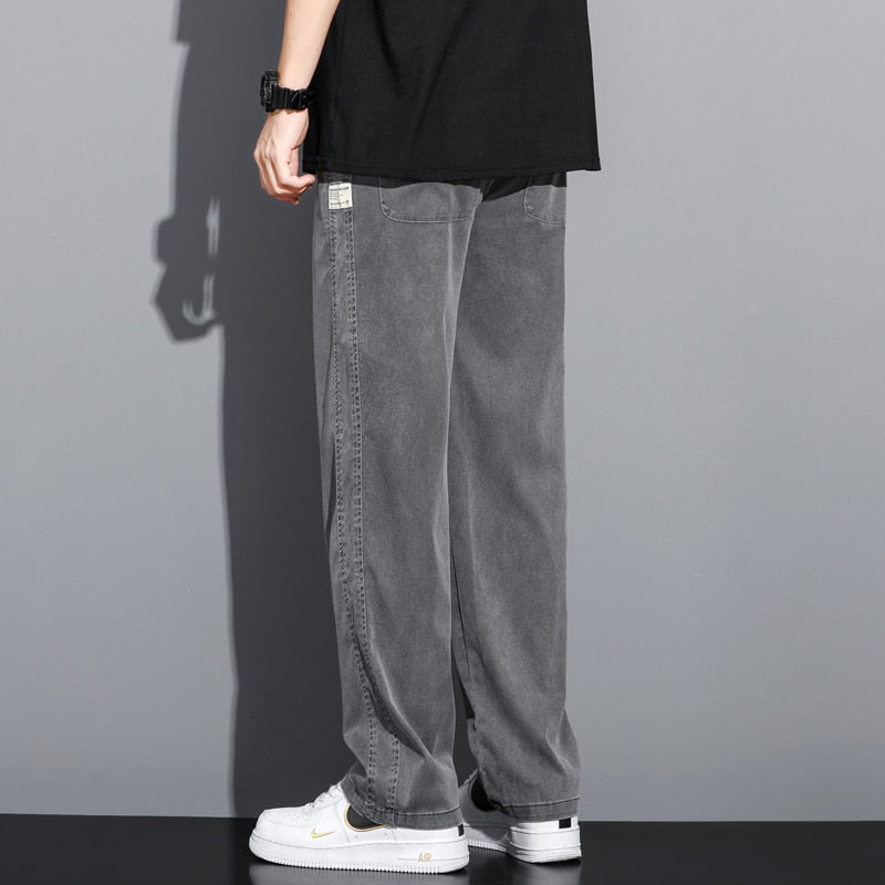 Summer Soft Lyocell Fabric Men&#39;s Jeans Thin Loose Straight Pants Drawstring Elastic Waist Korea Casual Trousers Plus Size M-5XL