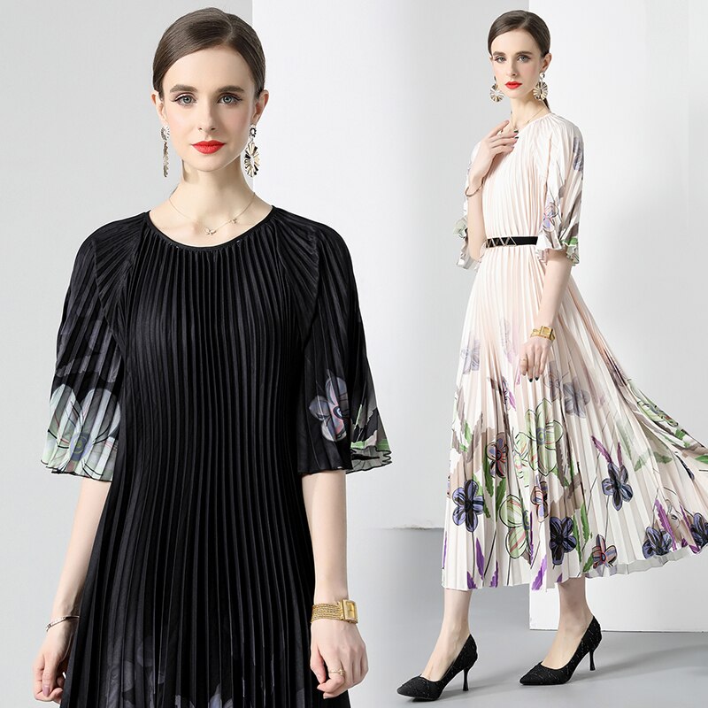 Miyake New Summer Pleated Long Dress Women O-Neck Lace-up Belt Print Loose Large Size Vintage Party Party Maxi Dress 2023