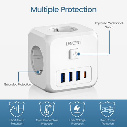 LENCENT EU Plug Power Strip with  3 AC Outlets +3 USB Charging Ports+ 1 Type C 5V 2.4A  Adapter 7-in-1 Plug Socket On/Off Switch