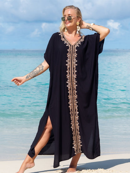 2023 Sexy Cold Shoulder V Neck Bats Sleeve Loose Summer Beach Dress Plus Size Women Beachwear Kaftan Black Dresses Q943