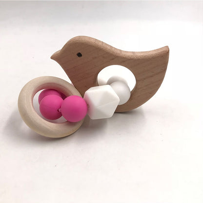 Wooden Baby Bracelet Animal Shaped Jewelry Teething For Baby Organic Wood Silicone Beads Baby Rattle Stroller Accessories Toys