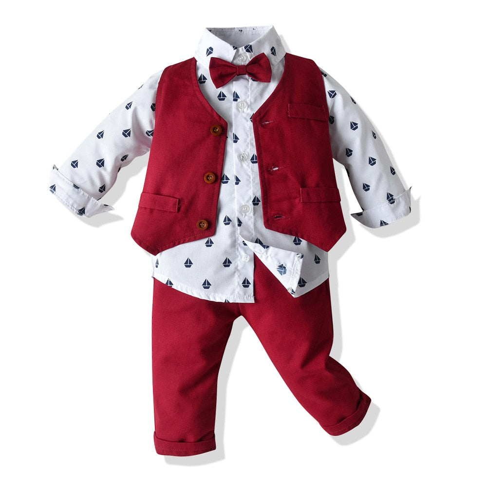 Baby Boy Clothes Birthday Party Baby Costume Boys Gentleman Tie Blue Shirt Vest Pants Autumn Toddler Baby Clothing Set Outfits