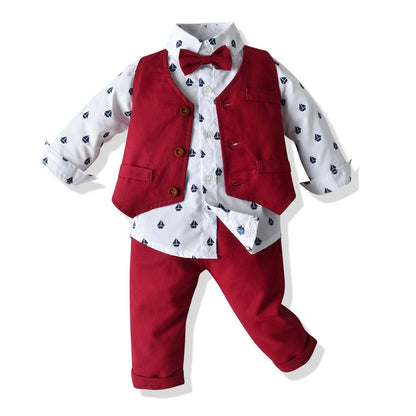 Baby Boy Clothes Birthday Party Baby Costume Boys Gentleman Tie Blue Shirt Vest Pants Autumn Toddler Baby Clothing Set Outfits