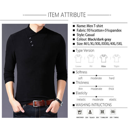 BROWON Spring Fashion Slim Fit T Shirt Men Cotton Tshirt Men Long Sleeve Irregular Collar Solid Color Men Clothes 2023