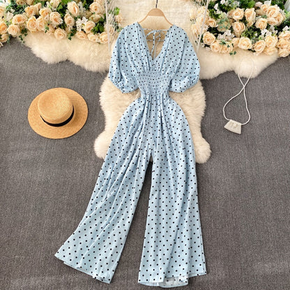 F V Neck Sexy Dolman Sleeves Waist Slim Polka Dot Print Jumpsuit Women Wide Leg Trousers Jumpsuit