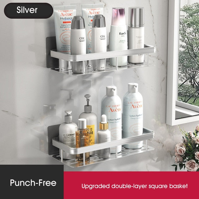 Punch-free Bathroom Shelf Shelves Wall Mounted Shampoo Storage Rack For Kitchen Holder Square Aluminum Bath Organizer Accessorie