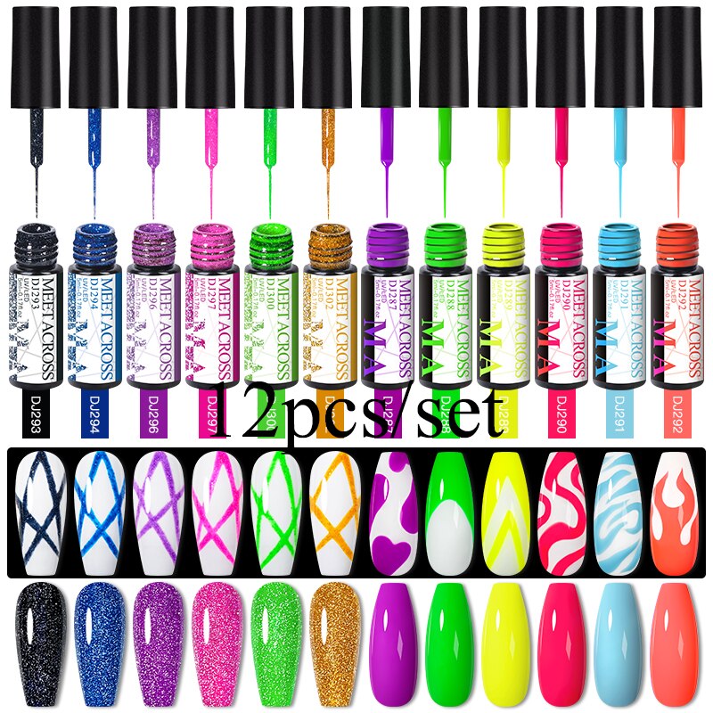 MEET ACROSS 6/12Pcs Nail Liner Gel Set Line Polish Gel Kit Nail Art Design For UV Paint Nail Drawing Polish DIY Painting Varnish