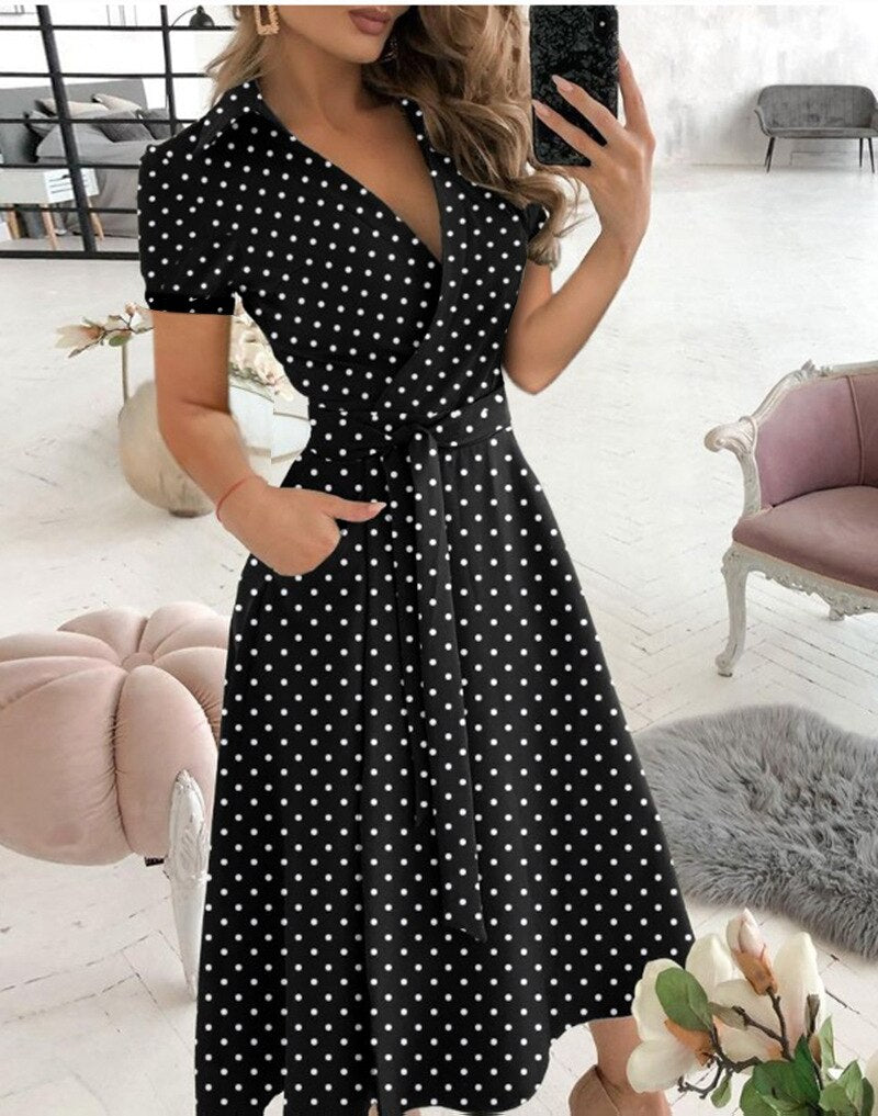 Spring And Summer Women&#39;s Fashion Long Sleeve V-Neck Butterfly Print Wrapped Hip Dress Women&#39;s Red Pocket Lace Up Slim Fit Dress